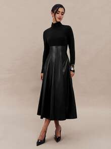 Modelyn Đầm dài tay cổ lọ tối giản màu trơn dành cho nữ, mặc thường ngày - màu đen - Xem 4