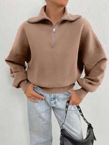 EURMUSE 100% Cotton Collar With Zipper Pattern Oversize Sweatshirt - Beige - View 5