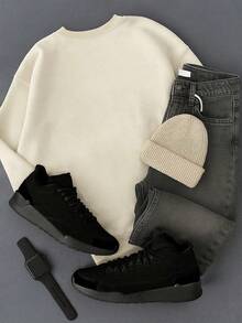 Manfinity Dauomo 男士休闲字母图案圆领运动衫，秋季 - 卡其色 - 查看 2