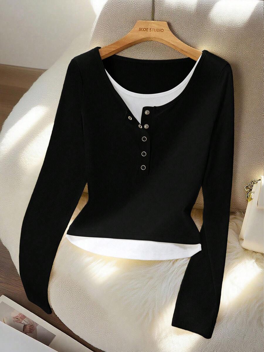 GlowEve CURVE 大码撞色二合一长袖休闲百搭圆领T恤 - 彩色 - 查看 1