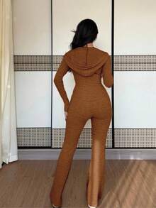 Rafferiza 2 件套女式休闲连帽运动衫，带口袋和罗纹喇叭裤套装，适合日常穿着，秋冬 - 鏽棕色 - 查看 2