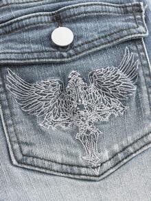 ROMWE Grunge Punk Punk Chic Vintage Embroidered Fitted Low Waist Flare Jeans, Light Blue - Baby Blue - View 4