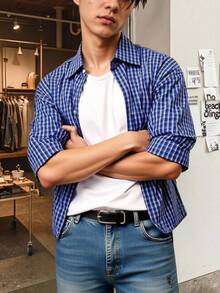 SHEIN Manfinity Dauomo 男士前扣格子休闲短袖衬衫，日常穿着