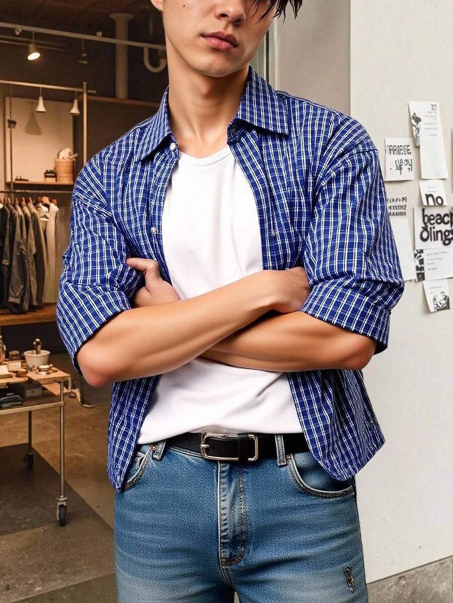 SHEIN Manfinity Dauomo 男士前扣格子休闲短袖衬衫，日常穿着