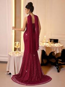 Coutiva 秋冬优雅亮片抹胸性感露背下摆扭褶修身鱼尾裙，适合音乐节、生日派对、情人节、圣诞节、婚礼宾客礼服、半正式礼服、毕业典礼 - 酒紅色 - 查看 3