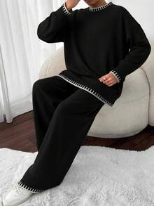 SHEIN Damski sweter z wysokim kołnierzem i spodnie swetrowe w rozmiarze oversize, 2 sztuki, komplety dwuczęściowe - Czarne - Zobacz 5