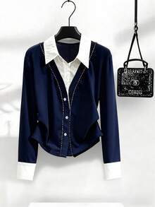 Franclia 1. Collegiate Style Contrast Color Navy Blue Long Sleeve Top/Casual Commute Navy Blue Versatile Shirt, Spring/Autumn, Fashion, 2 In 1, Solid Color, Outer Wear Shirt