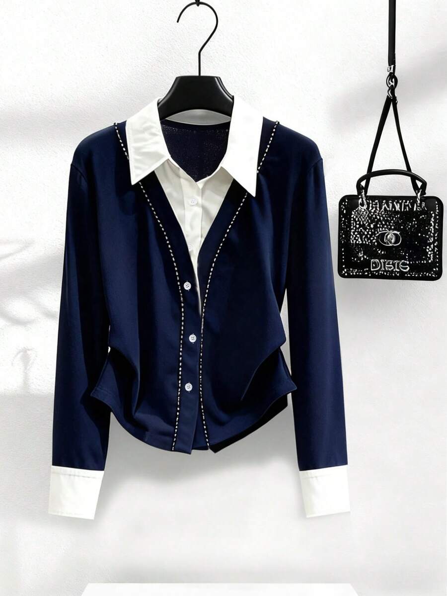 Franclia 1. Collegiate Style Contrast Color Navy Blue Long Sleeve Top/Casual Commute Navy Blue Versatile Shirt, Spring/Autumn, Fashion, 2 In 1, Solid Color, Outer Wear Shirt