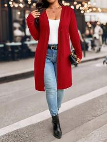EMERY ROSE Christmas 1pc Women Plus Size Solid Color Long Sleeve Casual Comfortable Cardigan Sweater Winter - Red - View 1
