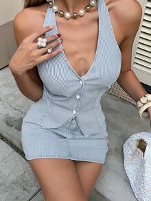 DAZY Bộ đồ denim 2 mảnh mùa hè dành cho nữ, gồm áo crop top hở lưng kẻ sọc và chân váy mini ôm sát, phong cách Y2K. - Xanh và trắng - Xem 6