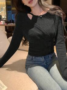 DAZY 女式露肩圆领长袖纯色T恤，韩版 - 黑色 - 查看 4