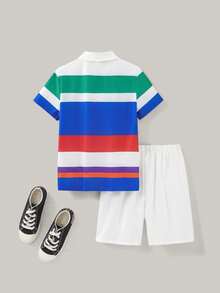 Joliand Joliand 2 Stück Tween Jungen Urban Chic farbenfroher asymmetrischer Streifenmuster Poloshirt & weiße Shorts Set, geeignet für Zusammenkünfte, Partys, Schulanfang, Sommer & Herbst Schulkleidung, Schulmaterial, FarbenfroheFreude Schulanfang - Verschiedenfarbig - Übersicht 2
