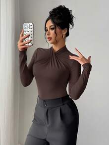 Firerie Bodysuit Kerah Ruffle Merah yang Elegan, Modern & Seksi, Serbaguna untuk Kasual, di Rumah & Berjejaring, Musim Gugur/Dingin, Pakaian Musim Gugur untuk Wanita - Coffee Brown - View 6