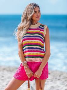 Sylviya Women's Casual Retro Round Neck Hollow-Out Colorful Striped Knitted Sweater