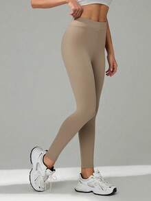 SHEIN Tall 1pc Solid High-Waisted Skinny Casual Leggings High Waist Leggings Brown Leggings Women Leggings Yoga Pants Sport Leggings Plain Leggings - Camel - View 5