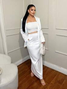 SHEIN SXY White Blazer & Skirt Elegant Suit Set, White 2 Piece Set, Elegant 2 Piece Set, Modest Two Piece Set, Tall Two Piece Set,Fall ,Winter,White ,Business Casual Outfits Women, 2 Piece Sets Woman Classy, Blazer Skirt Set, 2 Piece Dress Set - White - View 3