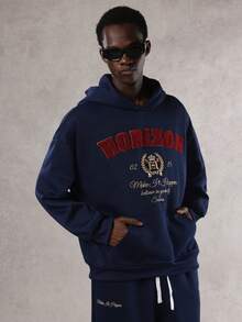 Bộ áo hoodie lót nhiệt thêu chữ cho nam, màu xanh navy, thu/đông - Màu xanh lam - Xem 6