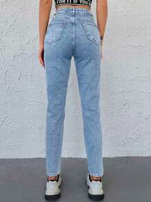 SHEIN Tall Quần jean ống rộng cạp cao 98% cotton, túi xéo, dáng Mom Fit - Màu xanh nhạt - Xem 2