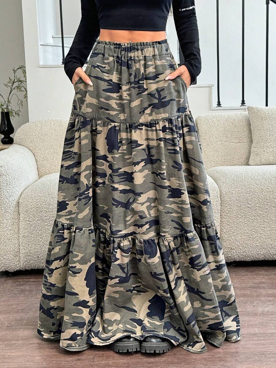 Rivivi 亚洲风蛋糕裙，复古美式迷彩 Y2K 风格女式牛仔迷你裙 - 彩色 - 查看 1