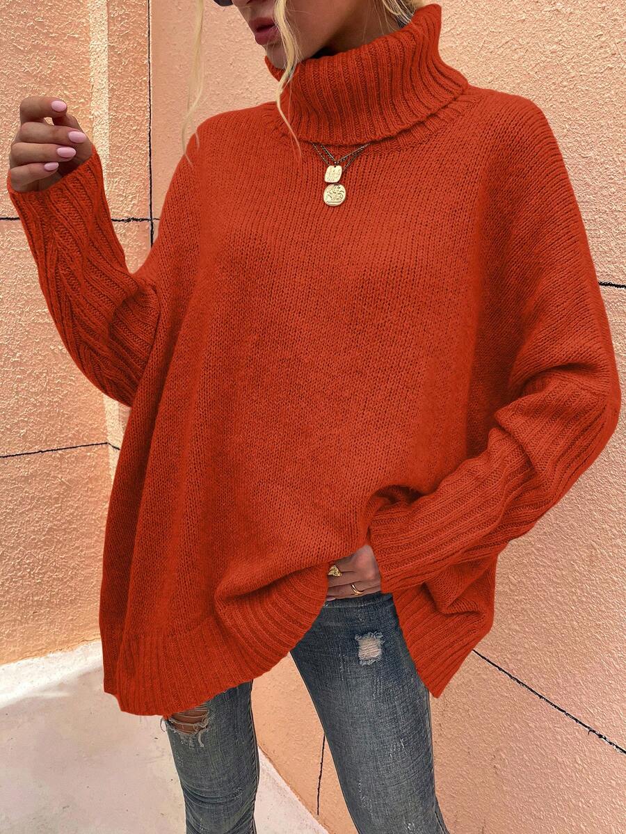 Chiquease Áo len dài tay cổ cao màu trơn đơn giản cho nữ mặc thu đông năm mới - Đỏ - Xem 1