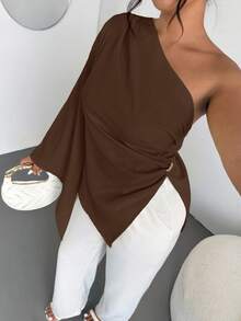 Firerie Plus Size Women's Elegant New Fashion Vacation Daily Single Shoulder Extra Long Sleeve Waist Ruched Slimming Metal Decor Blouse/Valentine's Day/Concert/Performance/Date/Formal Dinner/Prom/Wedding Season/Sexy/Graceful/Commute/Back To School/Vacation/Beach/Romantic Chic/Office Diva/Mermaid Vibe/Birthday Party Asymmetrical Neck Blouse Coffee Brown Top Chocolate Brown Top