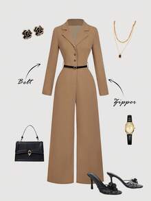 SHEIN MOD 长袖翻领前开腰带连体裤 - 卡其色 - 查看 1