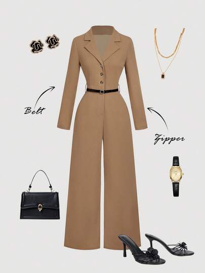 SHEIN MOD 长袖翻领前开腰带连体裤