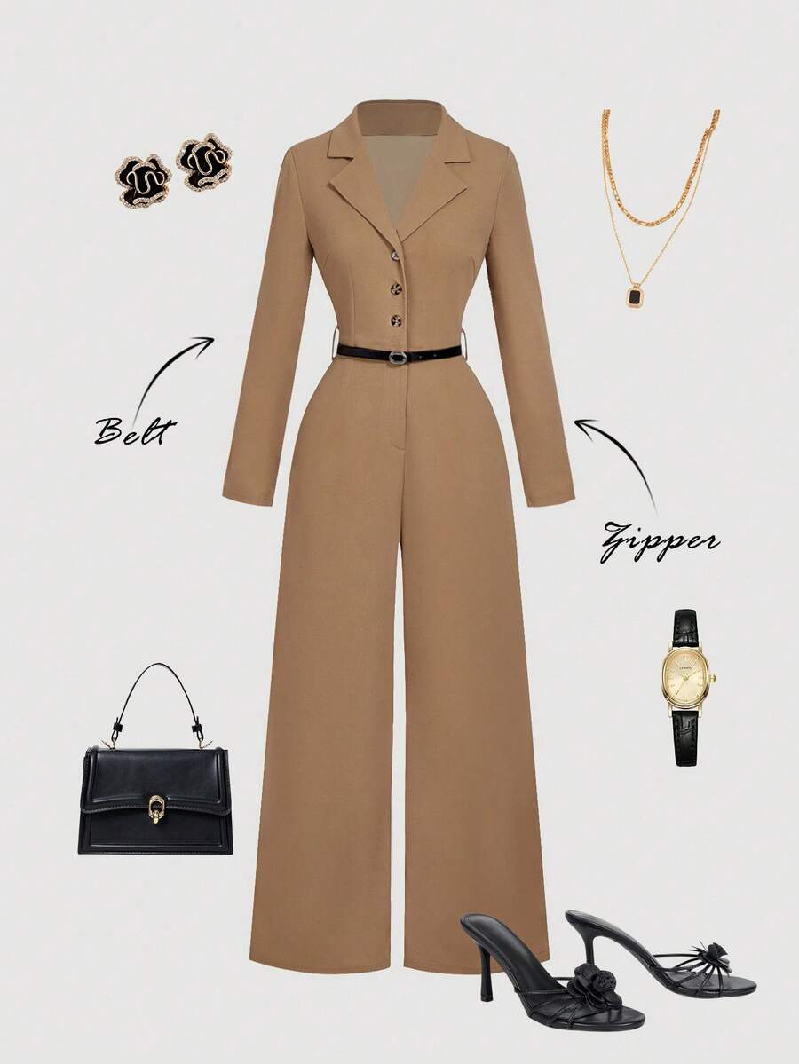 SHEIN MOD 长袖翻领前开腰带连体裤 - 卡其色 - 查看 1