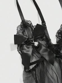 ROMWE Kawaii Sexy Butterfly Bell Bodysuit Lingerie Set With Thong - Black - View 3