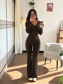 Rafferiza 2 件套女式休闲连帽运动衫，带口袋和罗纹喇叭裤套装，适合日常穿着，秋冬 - 巧克力棕 - 查看 3