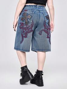 ROMWE Grunge Punk 大码复古十字刺绣七分牛仔裤 - 藍色 - 查看 3