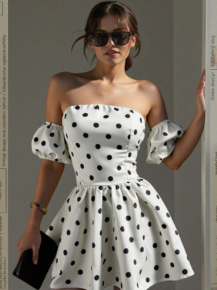 INAWLY Robe de graduation sexy mini à manches bouffantes sans bretelles en satin tissé ivoire à imprimé pois pour femmes