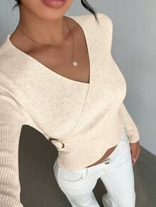 Elenzga Women's Elegant Fitted Criss-Cross Wrap Element Minimalist Classic Ribbed Texture Solid Color Sweater - Apricot - View 4