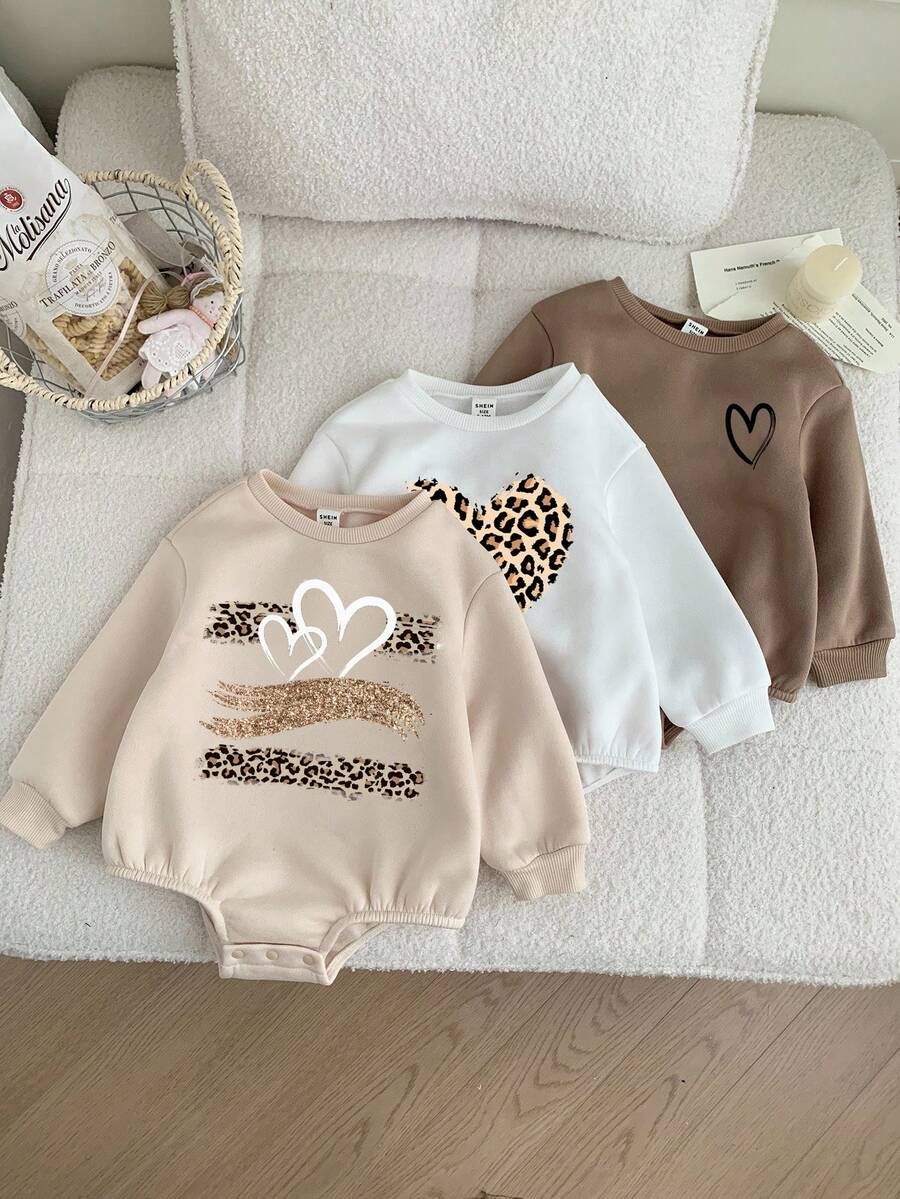 3件套女婴连体衣，秋冬季保暖针织圆领长袖爱心印花连体衣，猎豹纹婴儿服，摩卡色婴儿服，女婴卫衣，中性婴儿服，男女通用 - 彩色 - 查看 1