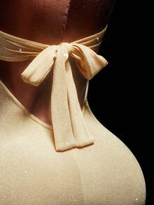 Amplova Women's Metallic Gold Shiny Bodysuit, Sexy Front Keyhole Halter Backless Bodysuit - Gold - View 9