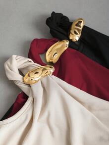 Sweetra Women's Summer European And American Fashion Solid Color 3 Pieces Set, Metal Decor Twist Hem Asymmetric Hem Fitted Casual Commuter Versatile T-Shirt