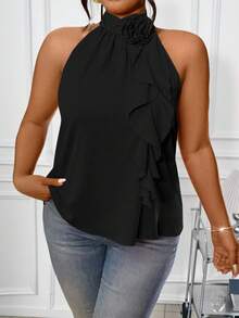 Elenzga Blusa de mujer talla grande con cuello halter sin mangas, con decoración 3D de volantes y flores en un unicolor - Negro - Ver 5