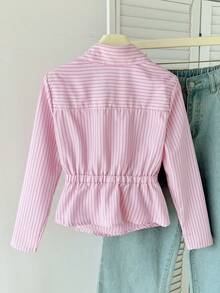 SHEIN 青少年女孩宽松休闲简约舒适日常休闲学院风优雅合身编织条纹领扣式不对称下摆褶饰衬衫，返校装 - 粉色 - 查看 2