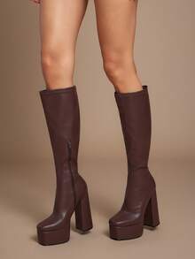 SHUZIA Glamorous Women's Faux Leather Knee-High Platform Boots With Inner Zipper For Christmas - Chocolate Brown - View 3