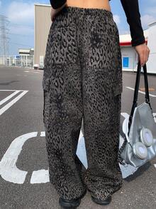DAZY Women's Elastic Waist Leopard Print Cargo Jeans Y2k - Brown - View 4