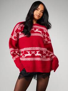 MISSGUIDED Oversized Christmas Jumper With Reindeer Snowflake Jacquard Knit Holiday Sweater Festive Winter Pullover Christmas - Red - View 5