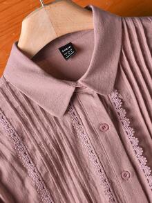 Rusticease 女式撞色蕾丝长袖褶皱单排扣休闲衬衫 - 粉色 - 查看 5