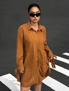 SHEIN EZwear 秋冬大码复古系带绒面革连衣裙 - 棕色 - 查看 3