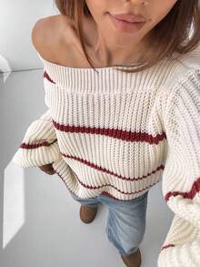 Flirla 性感露肩宽松条纹套头毛衣，女士时尚长袖上衣