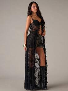 SHEIN BAE 女士时尚性感纯色蕾丝露背吊带背心 - 黑色 - 查看 1