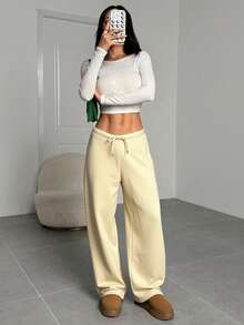 SHEIN EZwear Women's Casual Loose Fit Wide Leg Sweatpants, Suitable For Graduation, Back To School, Women Teachers, Autumn/Winter - Apricot - View 5