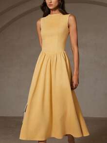 Chiquease Women's Solid Color Mandarin Collar Sleeveless Casual Dress - Yellow - View 1