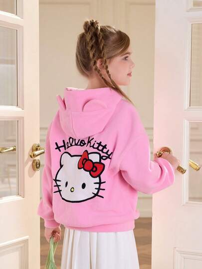 HELLO KITTY AND FRIENDS | SHEIN Tween Girls Cartoon Kitty Cat Embroidery 3D Ear Hoodie, Loose Fit Fluffy Pink Sweatshirt For Autumn Winter