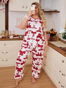 Slumberry CURVE Conjunto de Pijama com Estampa de Laço Plus Size, Contraste de Cor, Gola Redonda, Estilo Sweet Ins - Vinho - Visão 6