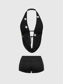 ROMWE Avant Y2K Baddie Streetwear 女款十字架金属吊坠索环装饰短款上衣和短裤套装 - 黑色 - 查看 2